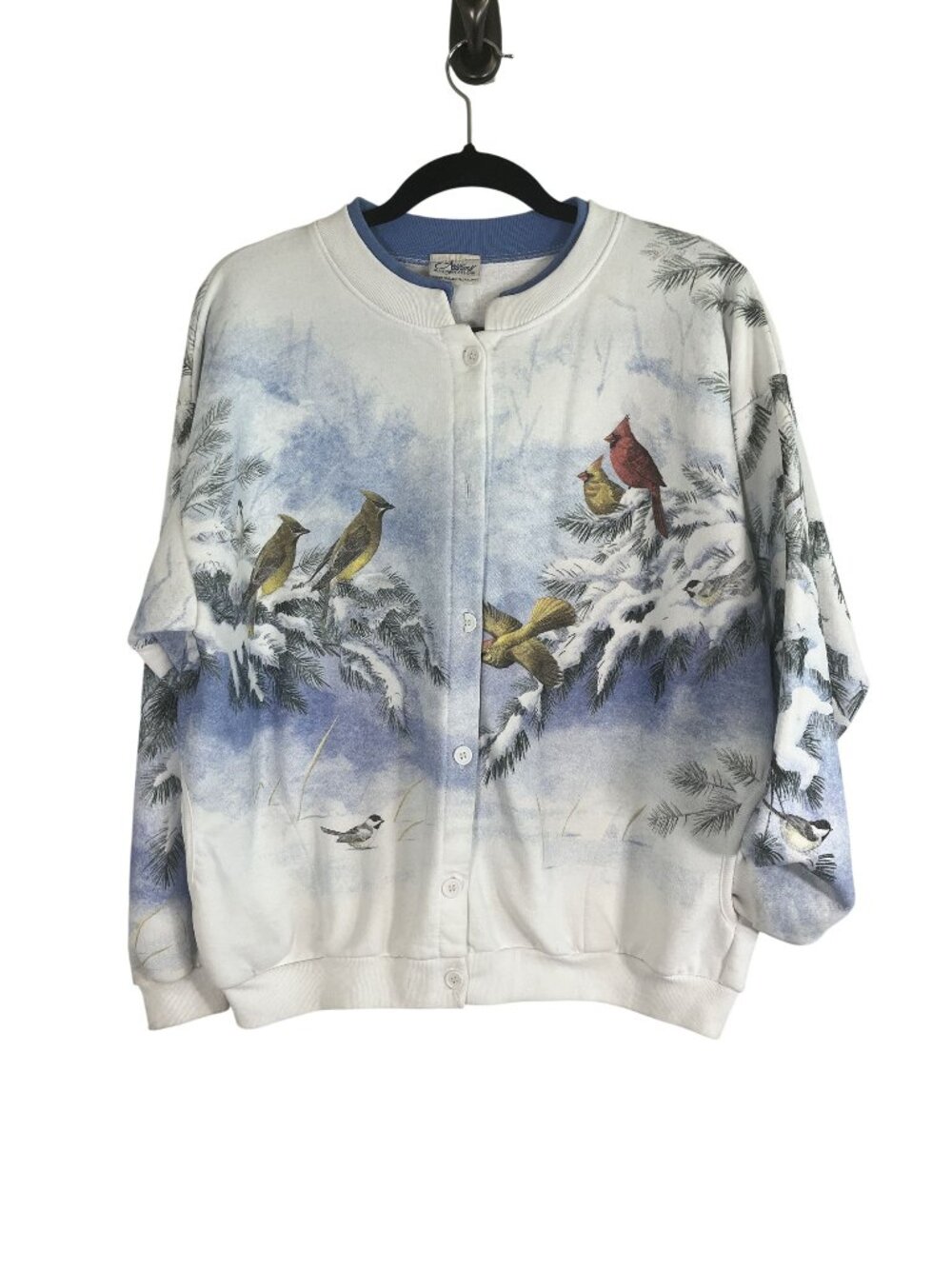 Vintage Winter Scenery Sweatshirt Blue M Retro Festive Holiday Granny Artsy Chic
